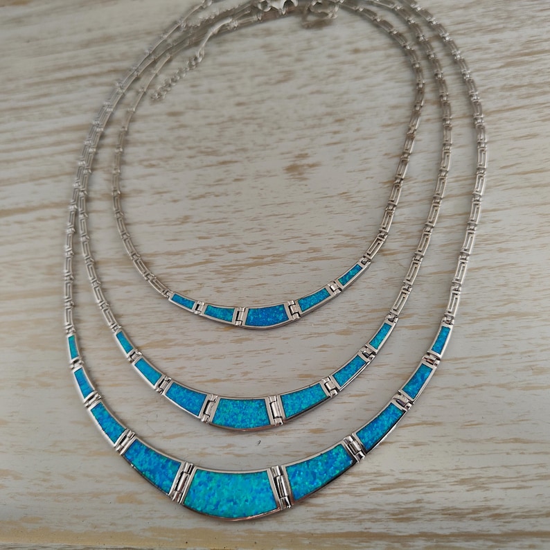 Opal blue meander necklace, sterling silver 925 opal necklace, bijoux grec opal colliers, greek key necklace, griechische kette image 2