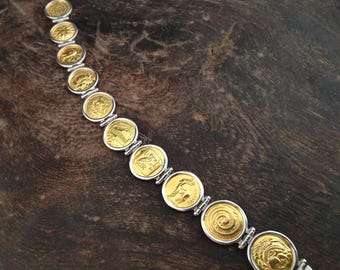 Alexander and Athena bracelet, Acropolis bracelet, golden sterling silver, symbols of Greece,greek coin bracelet,goddess Athena