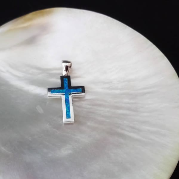 Blue opal cross pendant, sterling silver 925 greek blue opal cross charm , blue opal cross birthday gift