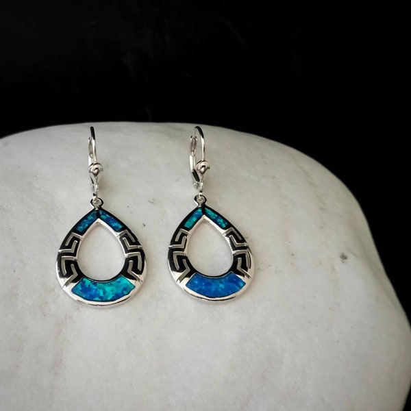 boucles d'oreilles opale méandre, boucles d'oreilles clé grecque en argent sterling, bijoux grecs en argent 925, bijoux grec boucles d'oreilles, cadeau bijou méandre