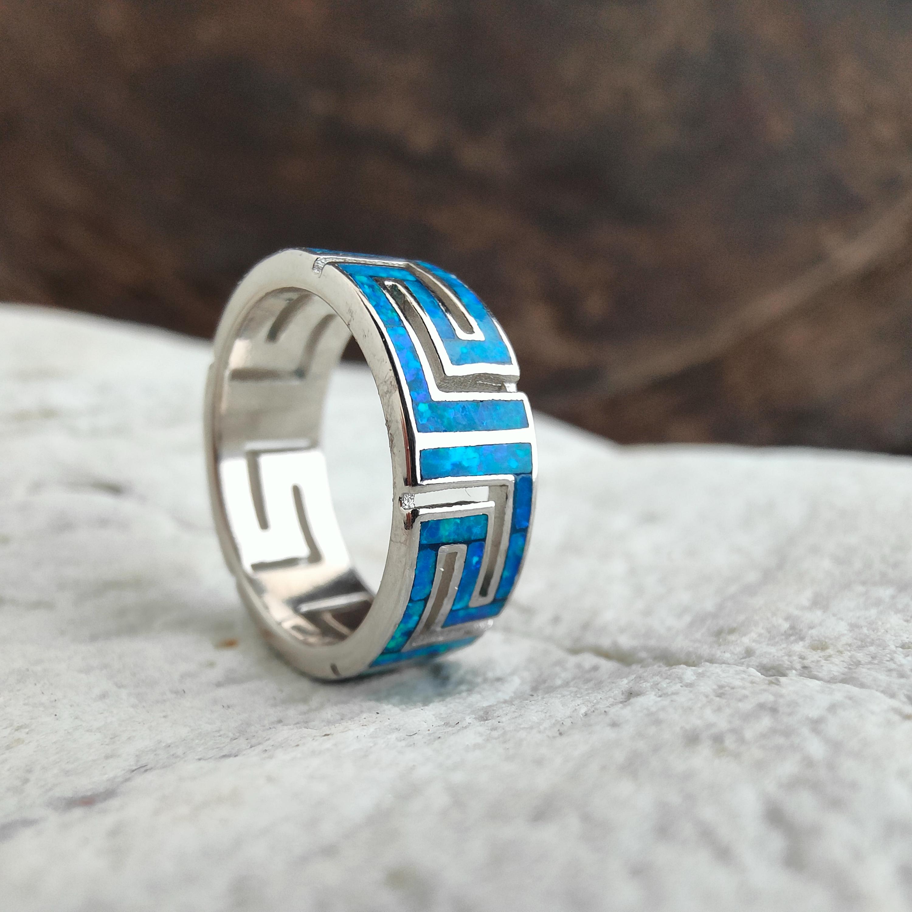 Meander Ring, Meander-greek Key Ring, Sterling Silver, Blue Opal