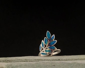 bague opale bleue feuille d'olivier, argent sterling bleu opale, collection de bijoux grecs anciens, cadeau d'anniversaire bijou feuille d'olivier, bague grecque