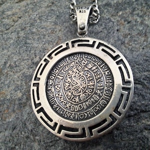 phaistos disc pendant, meander-phaistos sterling silver greek jewelry, minoan jewelry art, phaistos disc jewelry, birthday greek jewel gift