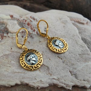 Earrings, Athena goddess, golden sterling silver, ancient greek minoan jewelry, Athena earrings,meander motif,greek goddess coin earrings