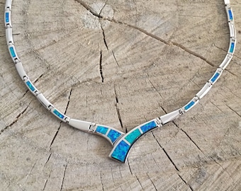 opal blue necklace, sterling silver 925 opal necklace, bijoux grec opal colliers, opal griechischen halsketten, griechische kette