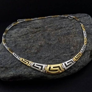 greek necklace, meander golden necklace, greek key jewelry, golden silver meander necklace, greek statement necklace, greek jewellery