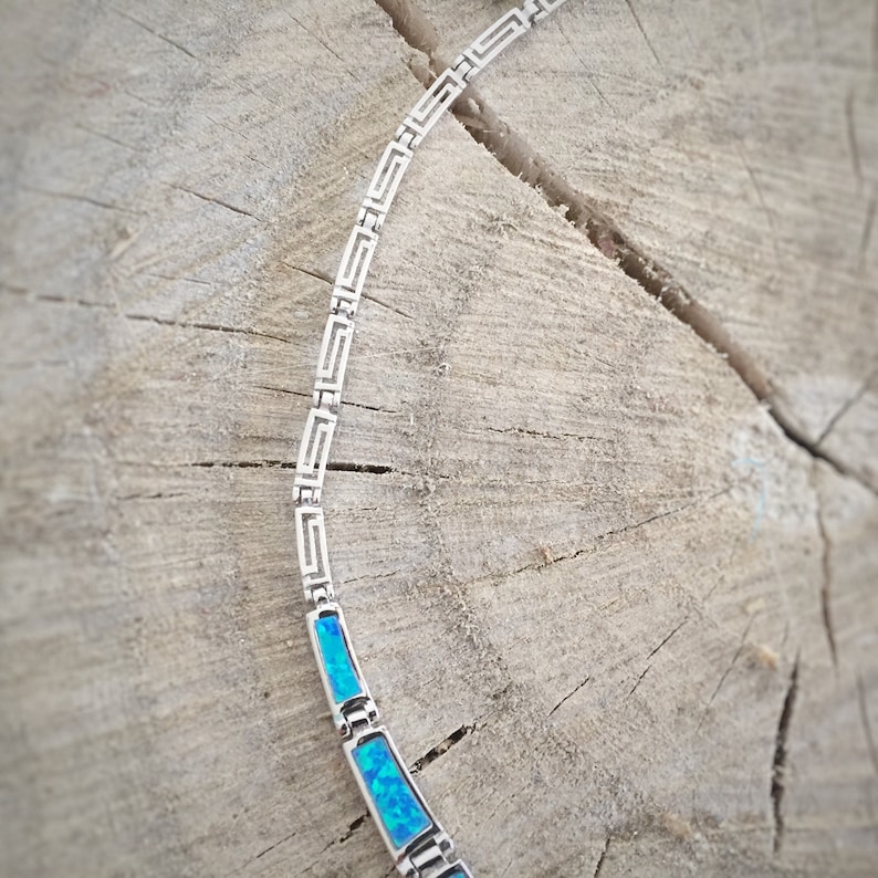 Opal blue meander necklace, sterling silver 925 opal necklace, bijoux grec opal colliers, greek key necklace, griechische kette image 7
