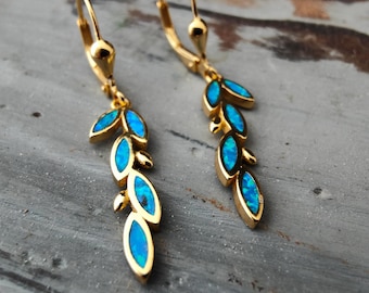 Griekse blauwe opaal olijfbladoorbellen, verguld sterlingzilver 925, olijfblad Griekse sieraden, bijoux grec, griechischen schmuck,