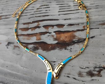 Opal blue necklace, gold-plated sterling silver 925 opal necklace, greek jewelry, bijoux grec opal colliers, opal griechischen halsketten,