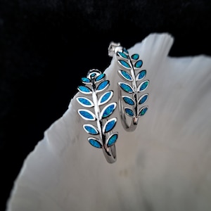 greek blue opal olive leaf earrings, olive leaf greek jewelry, bijoux grec, griechischen schmuck, gioielli greco,greek hoops earrings