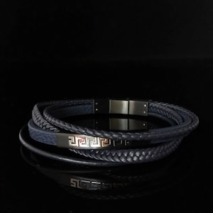 herenarmband meander, donkerblauw/zwart leer staal 925 Griekse sieraden, bijoux Griekse Griekse sleutelarmband, Griechischen armband,