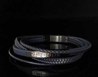 men bracelet meander, dark blue leather steel 925 greek jewelry, bijoux grec greek key bracelet, griechischen armband,