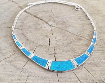 Opal blue meander necklace, sterling silver 925 opal necklace, bijoux grec opal colliers, greek key necklace, griechische kette