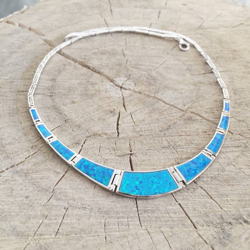 Opal blue meander necklace, sterling silver 925 opal necklace, bijoux grec opal colliers, greek key necklace, griechische kette image 3