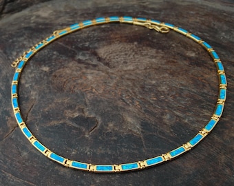 Opal blue necklace, gold-plated sterling silver 925 opal necklace, greek jewelry, bijoux grec opal colliers, opal griechischen halsketten,
