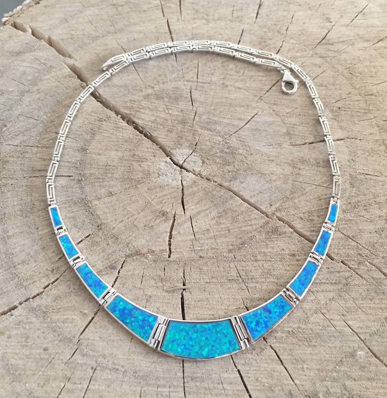 Opal blue meander necklace, sterling silver 925 opal necklace, bijoux grec opal colliers, greek key necklace, griechische kette image 1