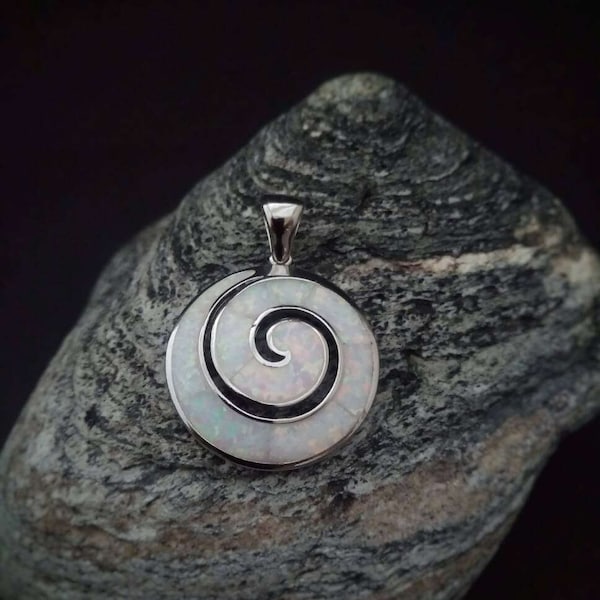 spiral pendant, sterling silver spiral charm, white opal spiral pendant, ancient greek spiral jewelry collection, birthday spiral jewel