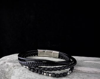 mannen armband, zwart leder staal 925 Griekse sieraden, bijoux grec armband, griechischen armband,