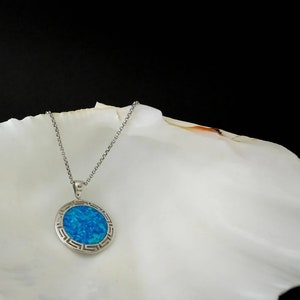 meander-greek key charm, blue opal sterling silver jewel, meander-greek key greek jewelry collection, silver 925 opal pendant greek jewelry