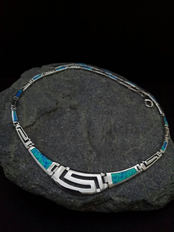 Opal blue necklace, meander-greek key, sterling silver, jewel greek, bijoux meander colliers, griechischen halsketten, collane meander greco