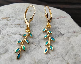 Griekse blauwe opaal olijfbladoorbellen, verguld sterlingzilver 925, olijfblad Griekse sieraden, bijoux grec, griechischen schmuck,
