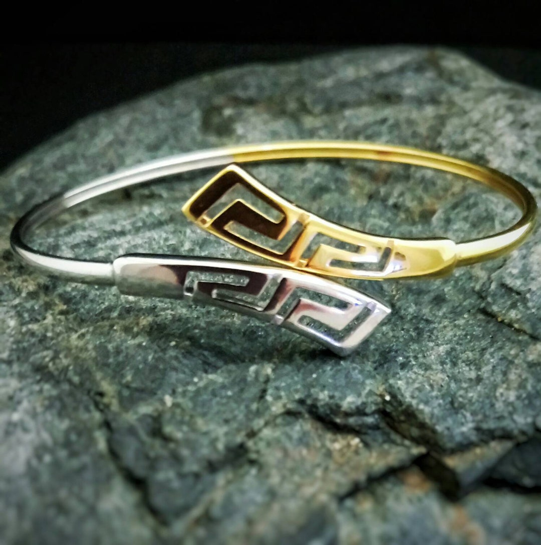 Greek Meander Bangle, Meander Greek Key Bangle, Golden Sterling Silver ...