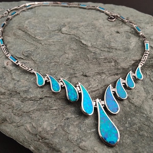 Opal blue necklace, sterling silver 925 opal necklace, greek jewelry, bijoux grec opal colliers, opal griechischen halsketten, opal collane
