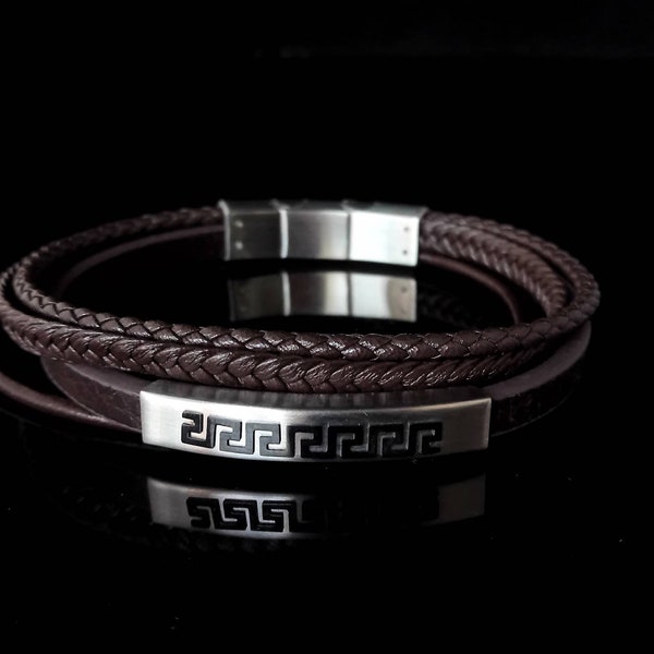 men bracelet meander, dark brown leather steel 925 greek jewelry, bijoux grec greek key bracelet, griechischen armband,