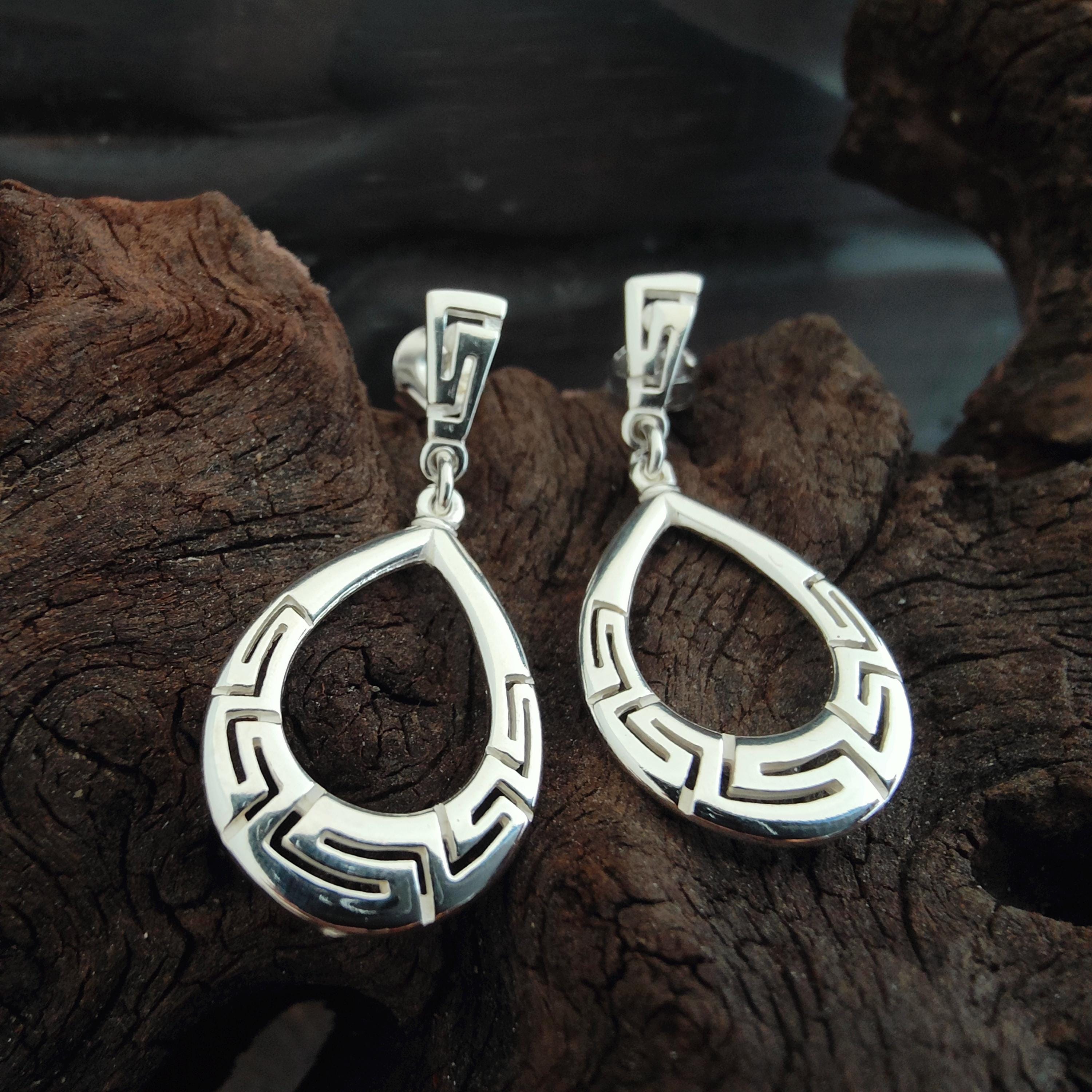 Pendientes De Plata 925 - Tachuelas Con Patrón De Llave Griega - 2401