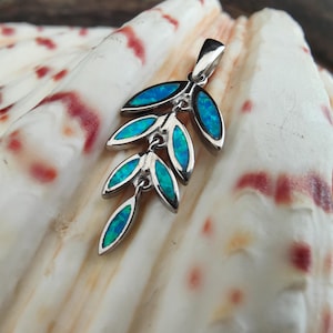 Οpal olive pendant, sterling silver 925 opal leaf charm , blue opal leaf birthday gift, greek  jewelry, greek pendnat