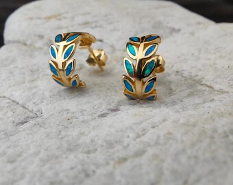 Griekse blauwe opaal olijfbladoorbellen, verguld sterlingzilver 925, olijfblad Griekse sieraden, bijoux grec, griechischen schmuck,