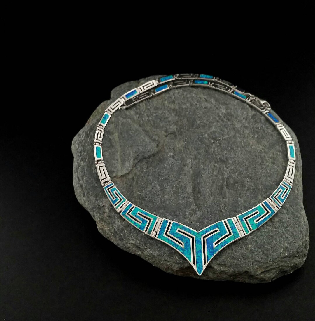 Pendentif Disque De Phaistos En Argent 925 Avec Opale Bleue - Bijou Grec Ancien - NEUF