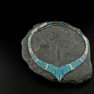 meander opal necklace, meander-greek key jewel art, sterling silver 925 ancient greek necklace, bijoux grec, birthday greek jewel gift