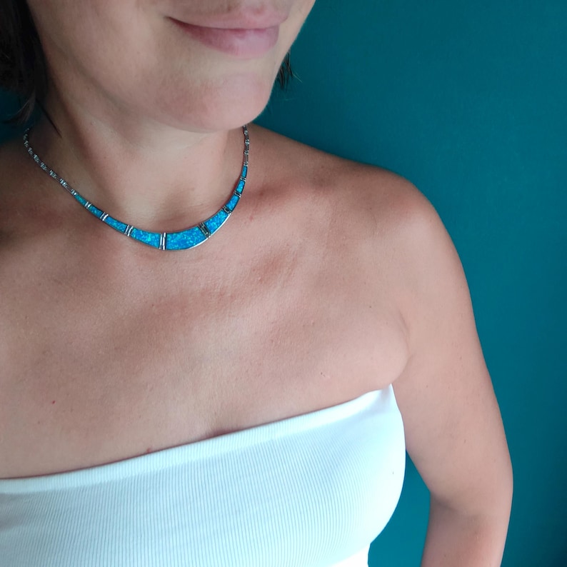 Opal blue meander necklace, sterling silver 925 opal necklace, bijoux grec opal colliers, greek key necklace, griechische kette image 6