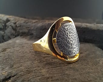 Phaistos disc ring, golden silver 925 ancient minoan ring, greek jewelry collection, phaistos fisc jewelry collection, greek ring