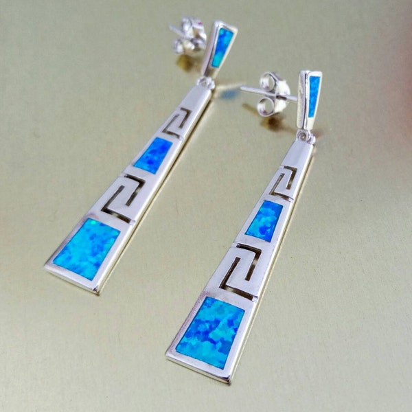 meander pattern earrings, meander-greek key opal greek jewelry, sterling silver 925 greek meander earrings, bijoux grec boucles d'oreilles