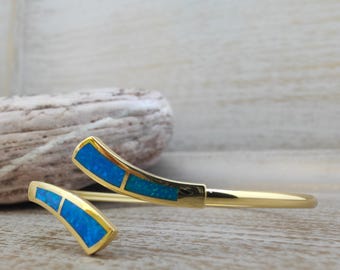 bracciale rigido con opale, bracciale da sposa, gioielli con opale greco in argento sterling 925 placcato oro, bracciale rigido in argento con opale, bracciale rigido con opale blu