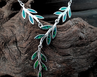olive leaves opal necklace,green opal necklace, ancient greek jewelry, bijoux grec, greek necklace,olive necklace