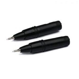 May include: Two black pens with silver tips are displayed against a white background. The pens are cylindrical with a slightly textured grip section. The tips are fine point, and the pens appear to be new.