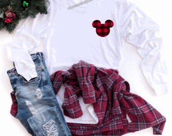 Kids Disney Shirt Childs Raglan Christmas Shirt Mickey Minnie Buffalo Plaid Shirt