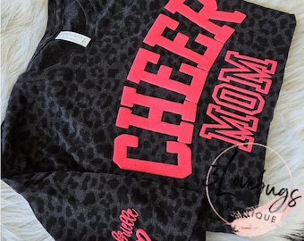 Personalized Cheer Mom T-Shirt, Leopard Print, Puff Design