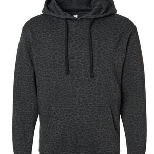 May include: A dark gray hooded sweatshirt with a leopard print pattern. The sweatshirt has a drawstring hood, a front kangaroo pocket, and ribbed cuffs and hem. The fabric has a textured appearance.