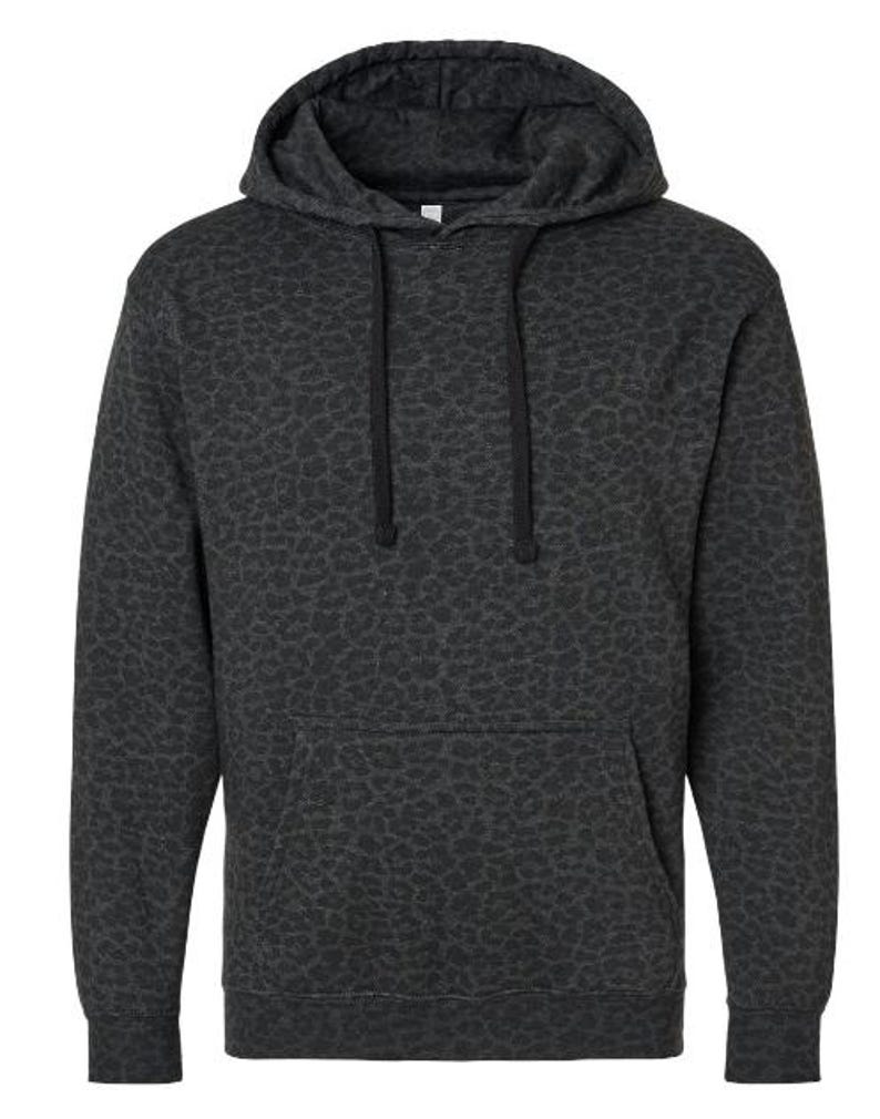 May include: A dark gray hooded sweatshirt with a leopard print pattern. The sweatshirt has a drawstring hood, a front kangaroo pocket, and ribbed cuffs and hem. The fabric has a textured appearance.
