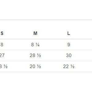 May include: A white chart displays measurements for a garment, including sleeve length, full body length, and body width, in inches. Sizes range from S to 2XL. Sleeve lengths vary from 8 to 9 3/4 inches. Full body lengths range from 27 to 32 3/4 inches.