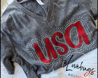 USA Glitter and Rhinestone Tee, Patriotic Red Sparkle Shirt