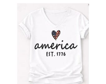 America Est. 1776 V-Neck Shirt, Patriotic Flag Heart Graphic Tee