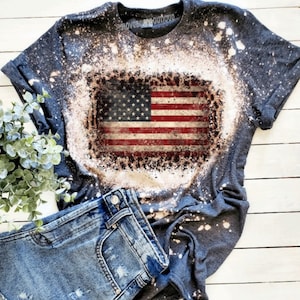 Leopard Flag,4th of july bleached shirts,Bleached Shirts for women, Leopard American Flag Shirt,4th of July Shirt,Bleached Tee,Flag Shirt image 1