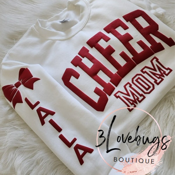 Personalized Cheer Mom sweatshirt,Custom Team Sweatshirts,Custom Cheer Mom,Sweatshirt with Kids Name on Sleeve,Cheerleading Shirt,Puff vinyl