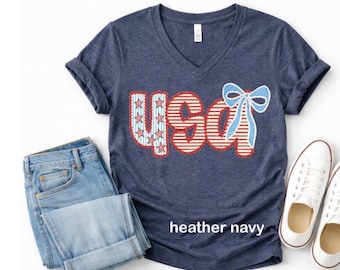 USA Patriotic Bow Vneck Shirt,American Flag Coquette Tee,Independence Day Apparel