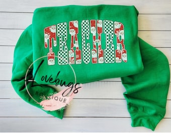 Teacher Christmas Sweatshirt: Retro Santa, Green Checkerboard Holiday Crewneck